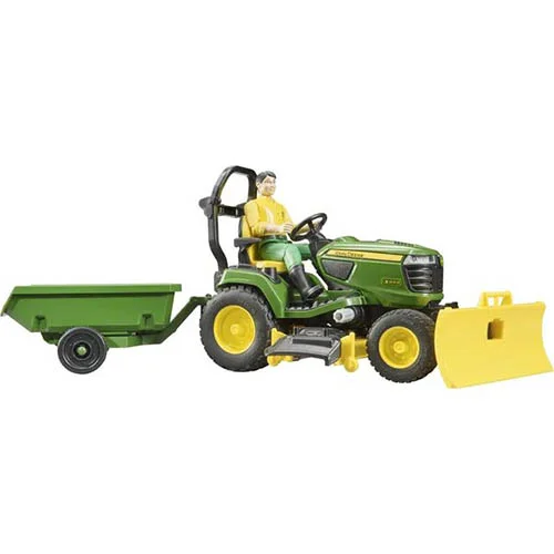 Tractor BRUDER cortacésped John Deere con remolque y jardinero